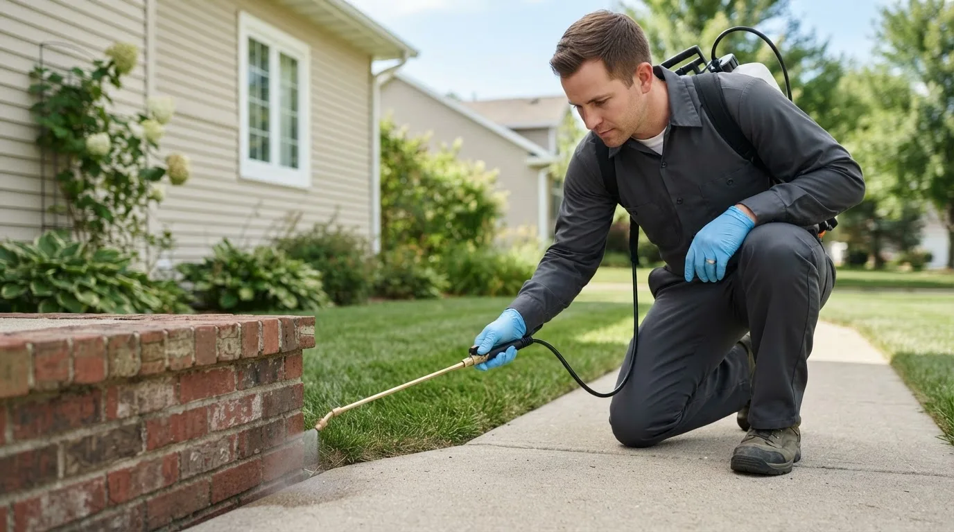 Pest control technician treating a home near Fargo, OK