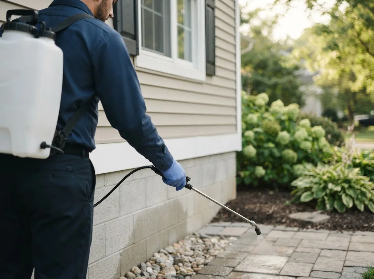 Pest control technician inspecting a home in Fargo, OK